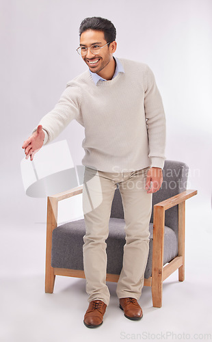 Image of Handshake offer of business man isolated on a white background for welcome meeting or psychologist client hello. Asian person or therapist shake hands for deal or introduction with armchair in studio