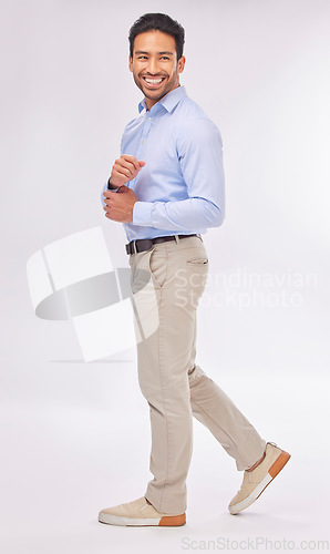 Image of Thinking, smile and business man in studio standing isolated on a white background mockup. Ceo, boss and happy, smart and confident Asian male entrepreneur with idea for career, job or profession.