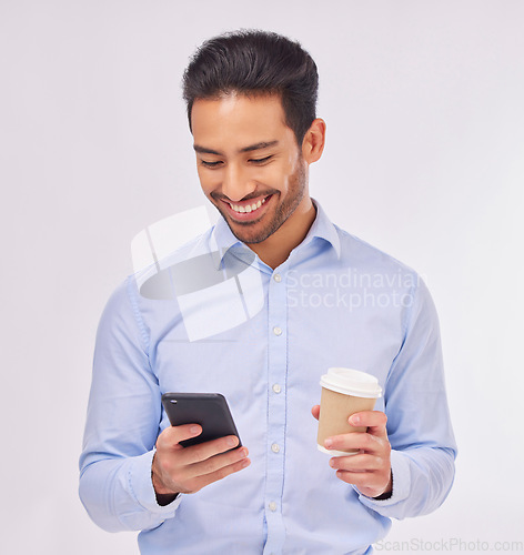 Image of Phone, coffee and smile of business man in studio isolated on a white background. Cellphone, tea and happy male professional with smartphone for social media, web browsing or typing on mobile app.