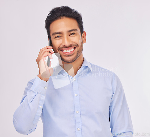 Image of Phone call, smile and portrait of business man in studio isolated on a white background. Face, cellphone communication and happy Asian male professional with mobile for talking, speaking or chatting.