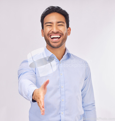 Image of Portrait, laughing and business man with handshake in studio isolated on white background. Intro, funny or happy Asian professional shaking hands for deal, partnership or welcome, agreement or hiring