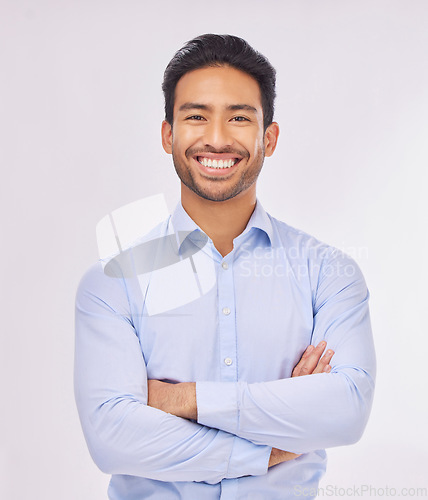 Image of Portrait, smile and business man with arms crossed in studio isolated on a white background. Ceo, professional boss and happy, confident or proud Asian male entrepreneur from Singapore with job pride