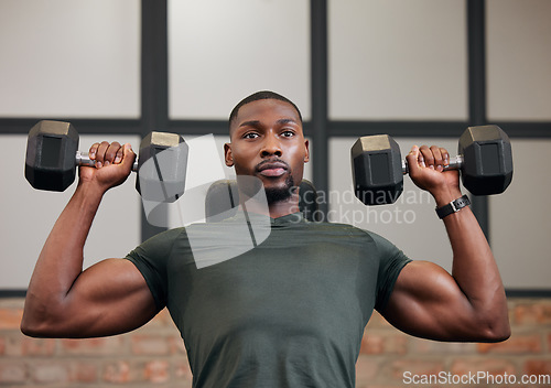 Image of Black man, weights training focus and gym fitness of athlete doing power lifting for exercise. Sport workout, bodybuilding and African American male with strong arms, wellness and bodybuilder cardio