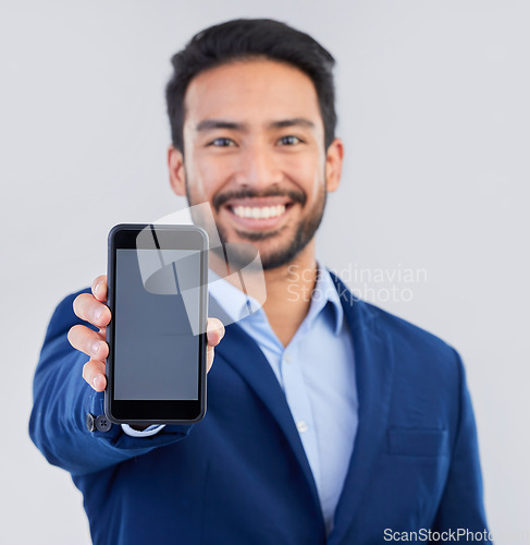 Image of Hands, phone screen and business man in studio closeup for communication, mockup or portrait by background. Businessman, smartphone and texting on blank ux, tech or social media for chat, data and ui