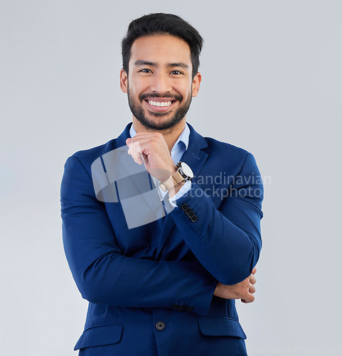 Image of Business man, smile and style portrait in studio for corporate or CEO fashion while happy. Face of asian entrepreneur person on isolated white background with pride for luxury, success and wealth