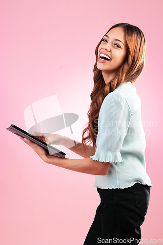 Image of Search, digital tablet and portrait of woman in studio happy, smile and confident while checking schedule on pink background. Internet, face and lady entrepreneur online for review, kpi or analysis