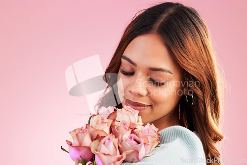 Image of Beauty, flower bouquet and studio woman with floral product, sustainable agriculture and organic natural skincare. Relax female person, nature cosmetics face and eco friendly girl on pink background