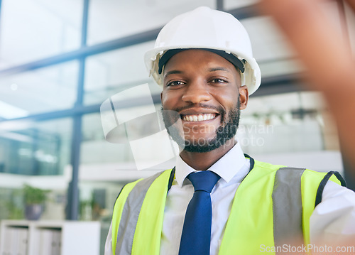 Image of Black man, construction or engineer selfie with a smile working in office for project management. Face of a male person working in building or engineering industry with pride for career and vision