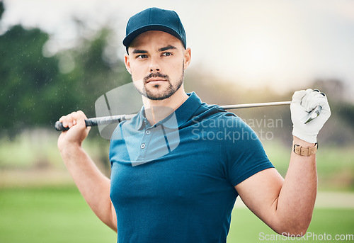 Image of Golf, sports and man with golfing club on course for game, practice and training for competition. Professional golfer, serious face and male athlete with focus for exercise, activity and recreation