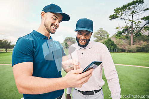 Image of Golf course, men and friends with talk for using phone, smile and personal trainer with video for training together. Golfer, smartphone and point at meme on social media app with sports for diversity