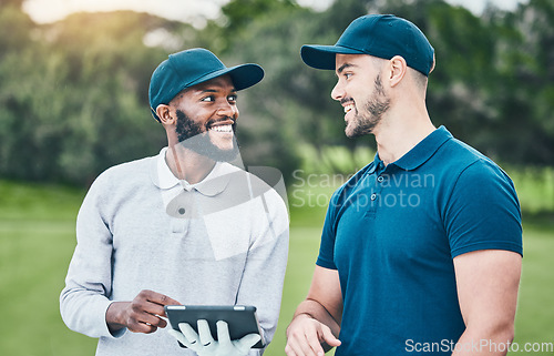 Image of Tablet, gold and friends planning course or game on a weekend outdoors using the internet, web or an app. Team, diverse and happy sporty male people golfing and networking as sport fitness