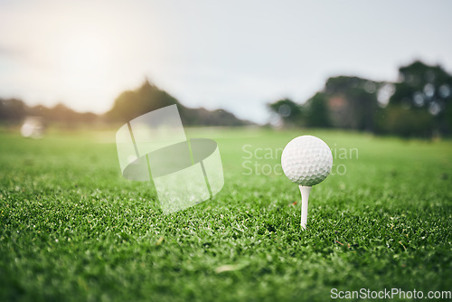 Image of Sports, golf ball and tee on lawn in club for competition match, tournament and training. Target, challenge and games with equipment on grass field for leisure, recreation hobby and practice