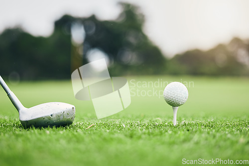Image of Sports, golf ball and tee on course with club for competition match, tournament and training. Target, challenge and games with equipment on grass field for leisure, recreation hobby and practice