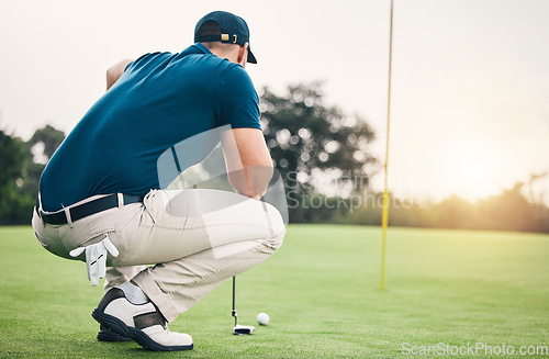Image of Thinking, sports and golf with man on field for training, competition match and planning. Games, challenge and tournament with athlete playing on course for exercise, precision and confidence