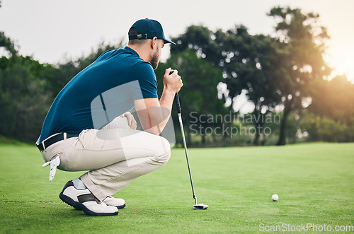 Image of Fitness, sports and golf with man on field for training, competition match and thinking. Games, challenge and tournament with athlete playing on course for exercise, precision and confidence