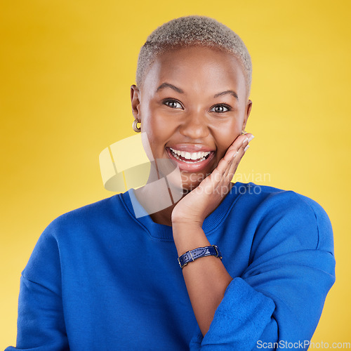 Image of Black woman, studio portrait and student for smile, happiness or beauty by yellow background. Happy girl, model and fashion with excited face, cosmetics or gen z aesthetic with confidence by backdrop