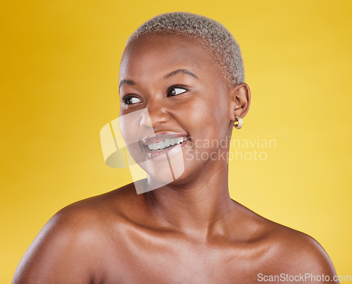 Image of Skincare, beauty and cosmetics, face of black woman, smile and skin glow promo on yellow background. Makeup, facial and happy gen z African model in studio for dermatology spa promotion with mockup.