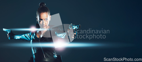 Image of Gun, action and assassin woman isolated on dark background for secret agent, superhero or character cosplay. Warrior, spy and cyberpunk person win leather suit, firearm and shooting in studio mockup