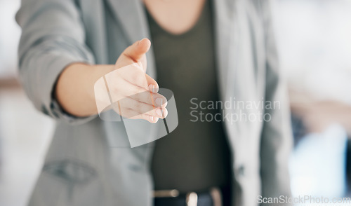 Image of Offer handshake of business woman in welcome, congratulations or thank you in client or partnership pov. Closeup of person shaking hands for support in collaboration, deal or onboarding introduction