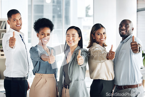Image of Portrait, team or thumbs up of business people in agreement for success growth in office room. Diversity, motivation or happy workers together in group collaboration with yes, like or thank you signs