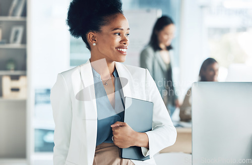 Image of Business, success and black woman thinking, tablet and motivation for ideas, creativity and advertising agency. African American female employee, consultant or leader with device, smile or management