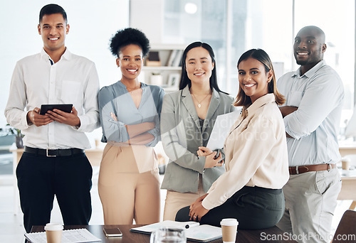 Image of Business people in portrait, team and diversity with smile, female leadership and professional mindset with success. Support, solidarity and community in workplace, corporate group and collaboration