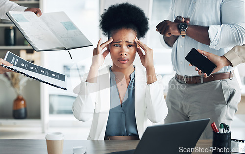 Image of Stress, headache and portrait of a busy black woman with burnout, management anxiety and tired. Mental health, chaos and an African employee with people for work, migraine pain and overworked