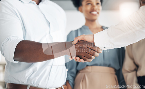 Image of B2b, black man or businessman shaking hands in meeting or startup project partnership or financial deal. Teamwork, handshake zoom or African worker with job promotion success or hiring agreement