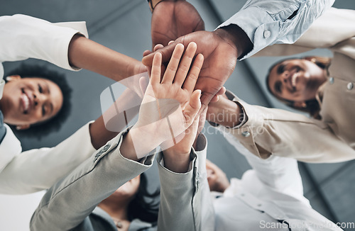 Image of Mission, low angle or hands of happy business people with goals, support or motivation for success or growth. Strategy, b2b meeting zoom or teamwork collaboration planning our vision or sales target