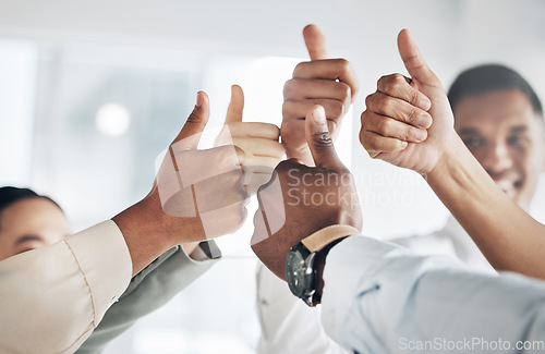 Image of Hands, thumbs up and diversity, team and business people, solidarity and agreement with unity in workplace. Corporate community, support and zoom with professional group, together and collaboration