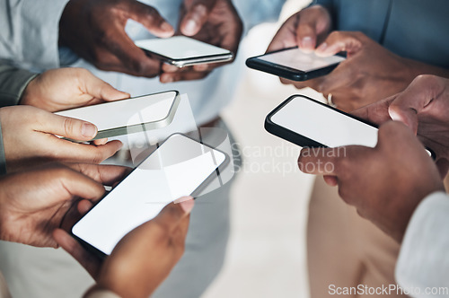 Image of Phone screen mockup, circle or hands of business people networking or social media searching online news. Mobile app post, digital internet website or group of friends texting or chatting together