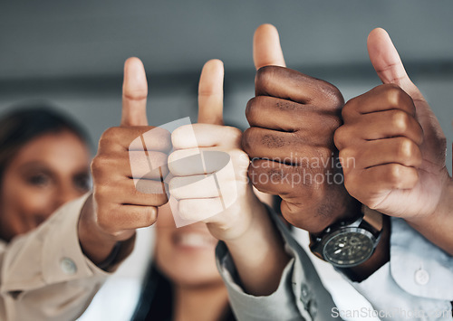 Image of Hands, thumbs up and diversity, group and business people, solidarity and agreement with unity in workplace. Corporate community, support and zoom with professional team, together and collaboration