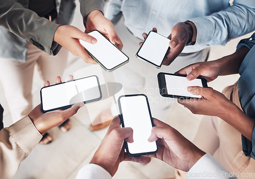 Image of Smartphone screen mockup, circle or hands of business people on social media searching online news. Mobile app post, digital internet website tech or group community typing, networking or chatting