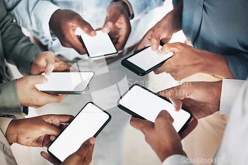 Image of Phone screen mockup, circle or hands of business people on social media searching online news. Mobile app post, digital internet website or group community typing, networking or chatting together