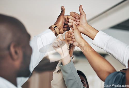 Image of Hands, thumbs up and diversity, teamwork and business people, solidarity and agreement with unity in workplace. Corporate community, support and arms raised with professional group, together and team