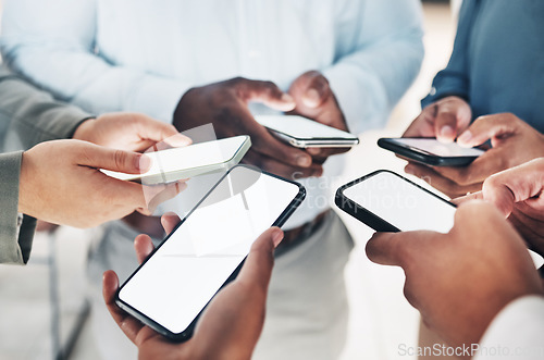 Image of Mobile screen mockup, circle or hands of business people on social media searching online news. Cellphone app post, digital internet website or group chat community typing, networking on technology