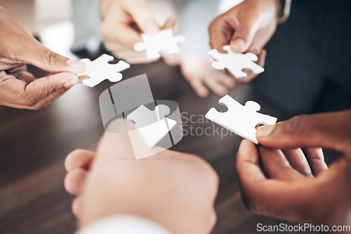 Image of Business people, hands or puzzle for solution or problem solving with planning, teamwork or collaboration. Jigsaw, zoom or partnership support, project development ideas or community group mission