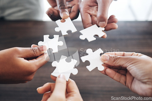 Image of People, hands or puzzle strategy for problem solving ideas with planning, team building or collaboration. Jigsaw solution, zoom or partnership meeting, project development or community group mission