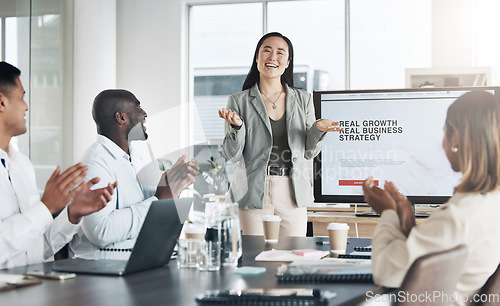 Image of Presentation, clapping and business woman, manager or speaker on screen in growth strategy, ideas or proposal success. Asian presenter, audience or people applause in workshop, seminar or conference