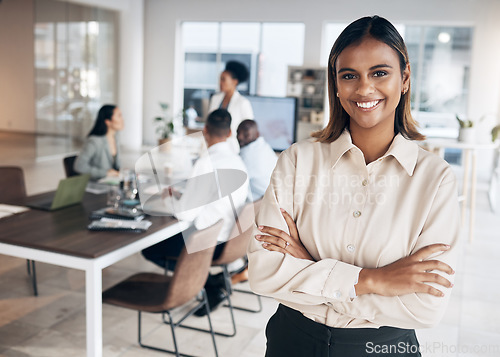 Image of Meeting, Indian woman portrait and proud manager in a conference room with collaboration. Success, employee management and worker feeling happy about workplace teamwork strategy and company growth