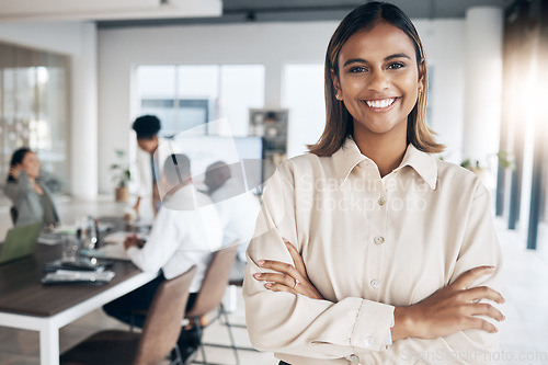 Image of Meeting, Indian woman portrait and corporate employee in a conference room with collaboration. Success, leadership and proud worker feeling happy about workplace teamwork strategy and company growth