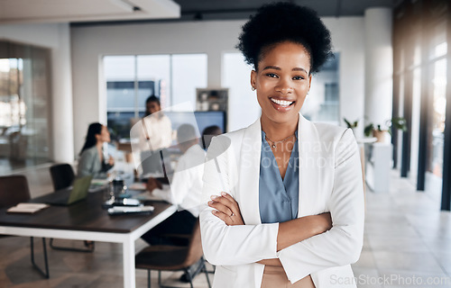 Image of Meeting, black woman portrait and business manager in a conference room with collaboration. Success, management and proud ceo feeling happy about workplace teamwork strategy and company growth