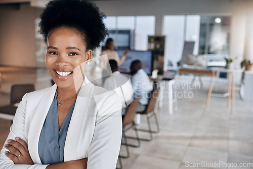 Image of Meeting, black woman portrait and happy business manager in a conference room with mockup. Leader success, management and proud ceo with workplace teamwork strategy and company worker vision