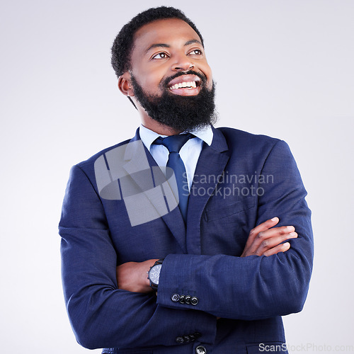 Image of Black man, business and thinking in studio, smile and inspiration for solution on background. Happy worker, arms crossed and daydream future, ideas and decision of choice, memory and planning mindset