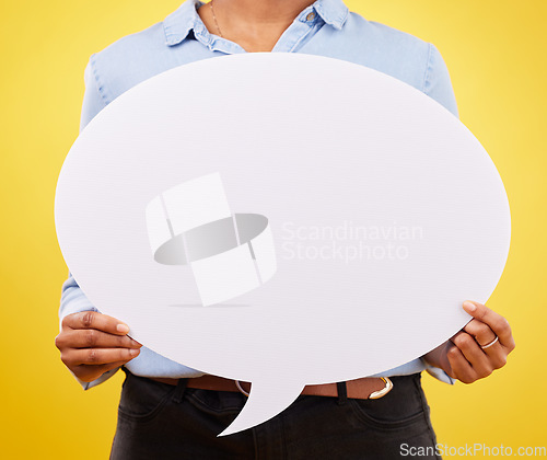 Image of Social media, woman and hands with speech bubble for opinion, marketing space or brand advertising. Product placement info, mock up billboard or branding person with voice mockup on yellow background