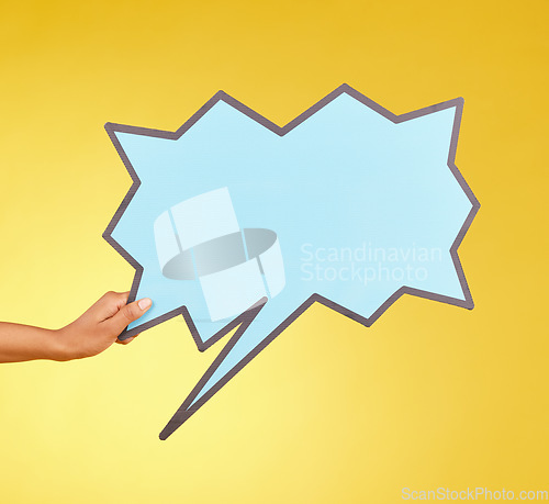 Image of Social media advertising, woman or hands with speech bubble for opinion, marketing space or studio branding. Product placement info, mock up billboard or person with voice mockup on yellow background