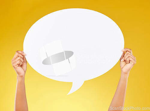 Image of Social media, poster and woman hands with speech bubble for opinion, marketing space or brand advertising. Product placement, mock up billboard or female person with voice mockup on yellow background