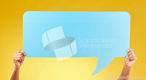 Image of Social media announcement, person and hands with speech bubble for opinion, marketing space or brand advertising. Product placement, mock up billboard and woman with voice mockup on studio background