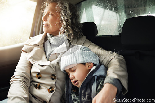 Image of Road trip hug, sleeping child and grandma rest on travel adventure for family bonding, wellness and outdoor freedom. Sleep, driving van or relax senior woman on transport journey, holiday or vacation