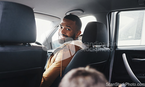 Image of Road trip, car driver portrait and happy man on travel adventure for family bonding, wellness and freedom. Motor vehicle, driving van and father smile on transportation journey, holiday or vacation